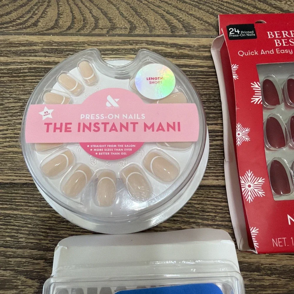 Instant Mani Press On Nails Pack Of 3 Coffin Almond Square Assorted Red Mauve